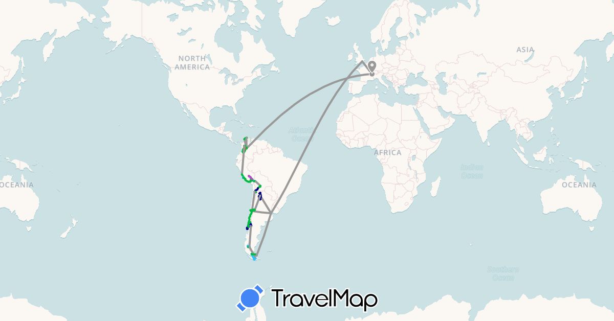 TravelMap itinerary: driving, bus, plane, cycling, train, hiking, boat in Argentina, Bolivia, Switzerland, Chile, Colombia, United Kingdom, Peru (Europe, South America)